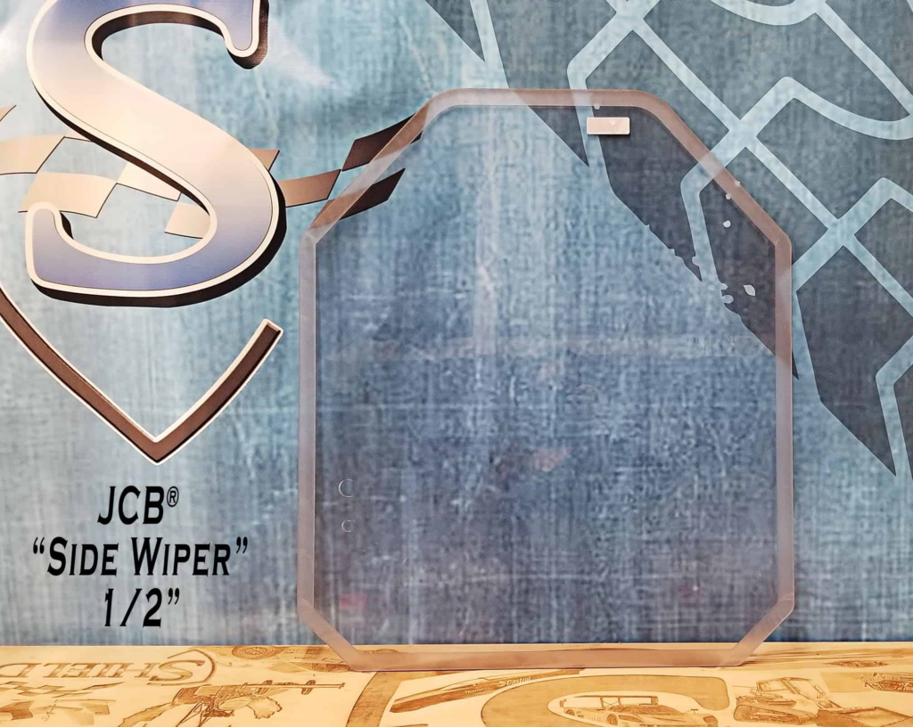 SHIELDS JCB side-wiper half-inch polycarbonate skid steer windshield shown from the front