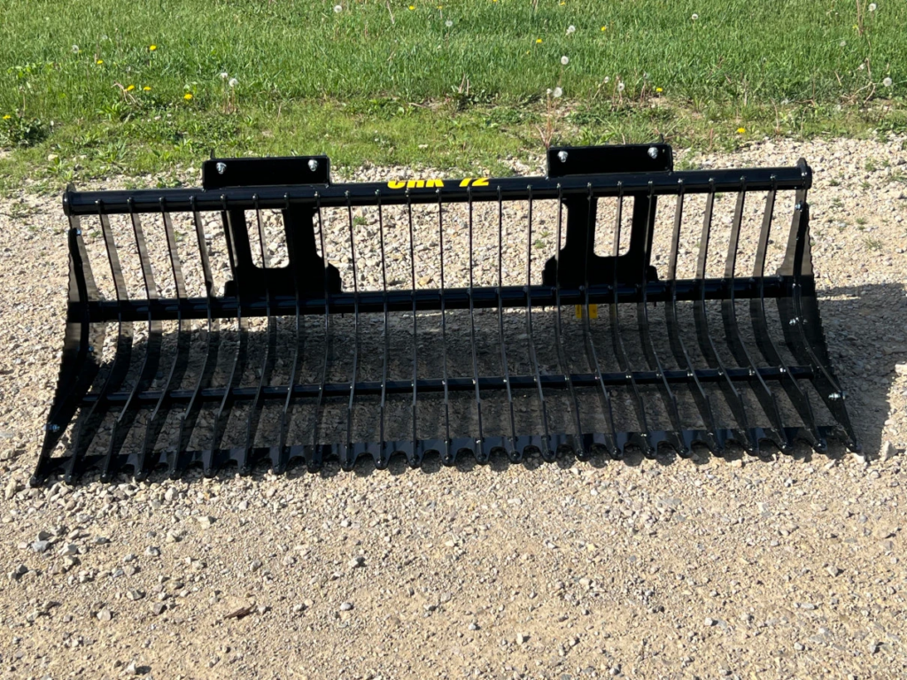 Front view of the Stinger Attachments CRK Mini Skid Steer Compact Rock Bucket showing 3-inch tine spacing