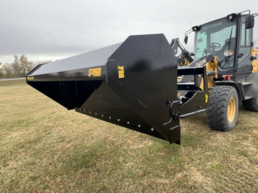 Front angled product view of the Stinger HDB Wheel Loader Hydraulic Dump Bucket showing the reinforced bucket shell