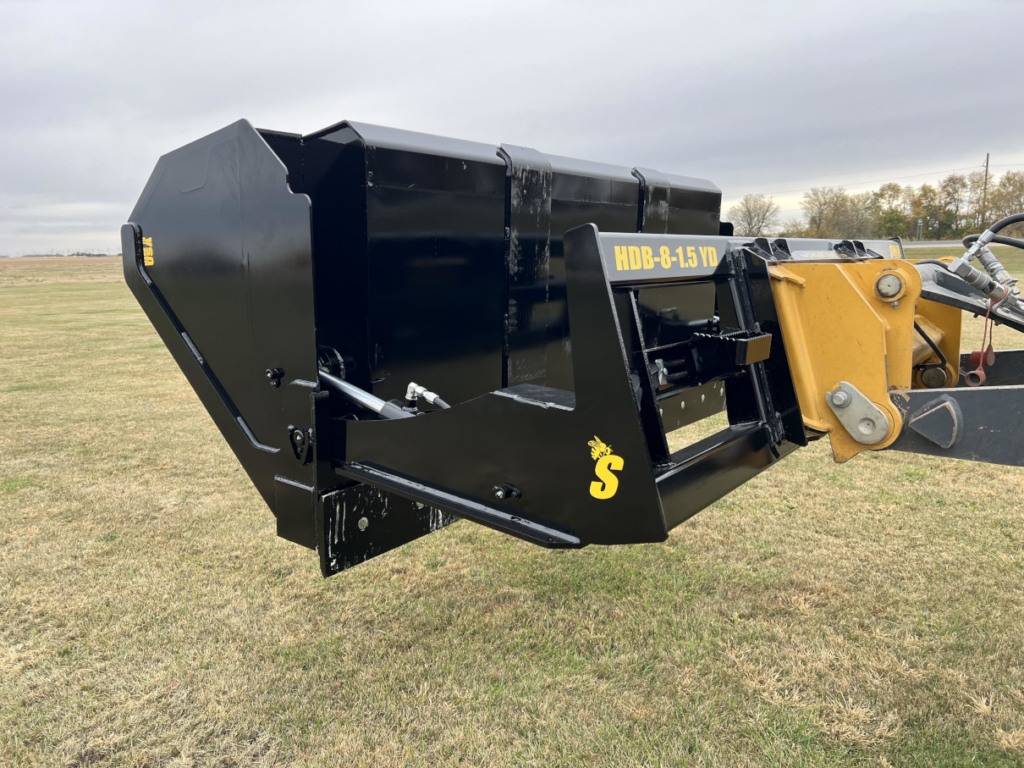 Rear angled view of the Stinger HDB Wheel Loader Hydraulic Dump Bucket showing the mount frame and hydraulic components
