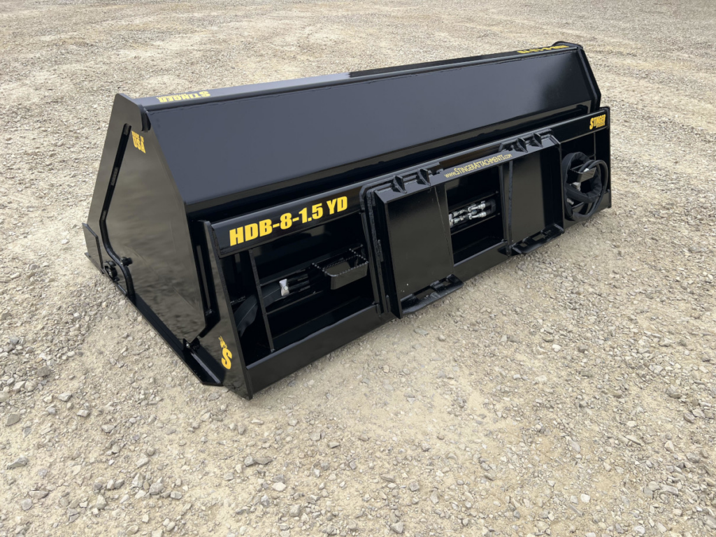 Rear angled product view of the Stinger HDB Wheel Loader Hydraulic Dump Bucket showing the mount frame and hose routing
