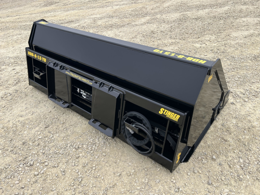 Rear angled view of the Stinger HDB Wheel Loader Hydraulic Dump Bucket showing hydraulic hoses and mounting structure