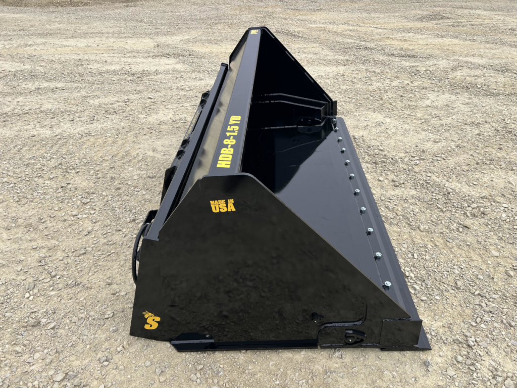 Side view of the Stinger HDB Wheel Loader Hydraulic Dump Bucket showing the side plate, pivot point, and bucket profile