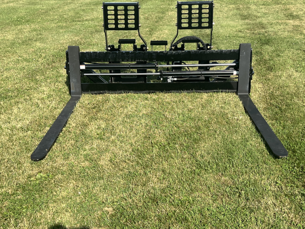 Front view of Stinger PF3H hydraulic pallet forks with wide carriage, long tines and dual backrests