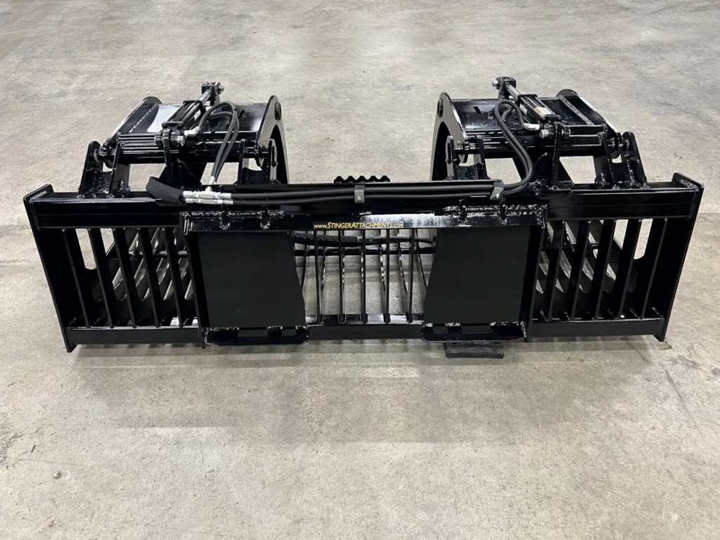 Stinger RG-84 rock grapple showing contoured tines and hydraulic grapple assembly