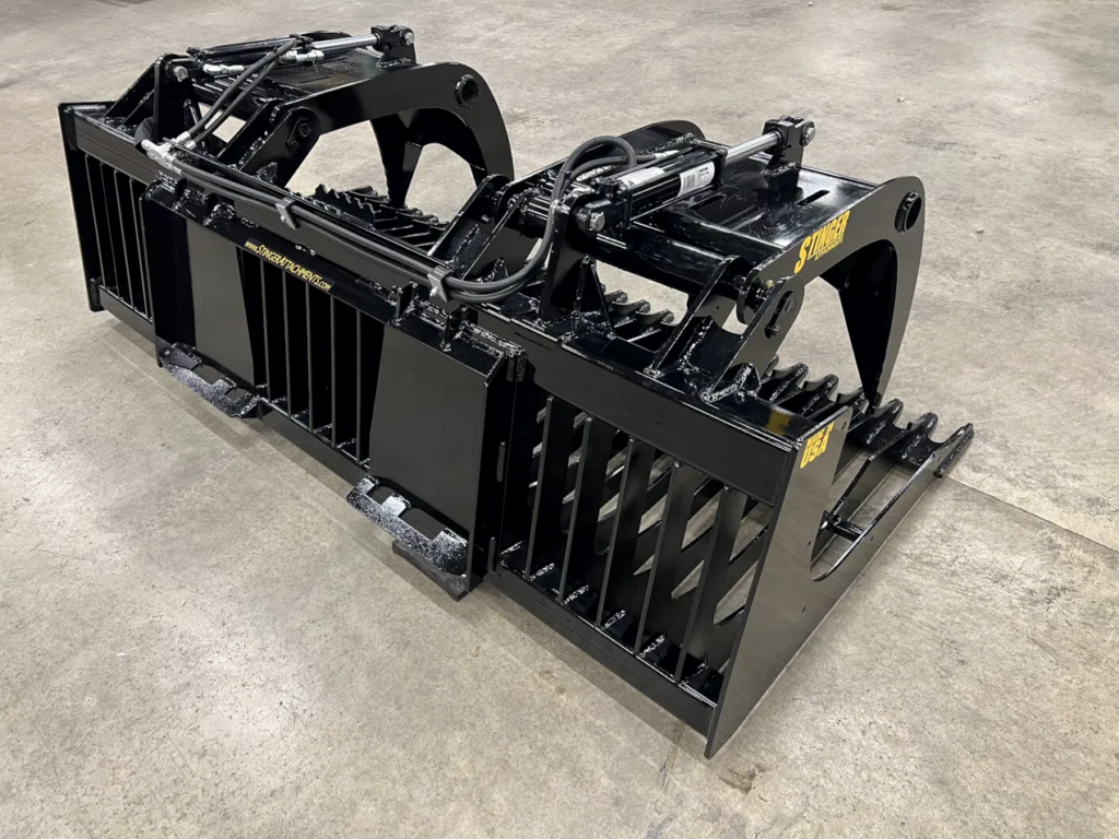 Hydraulic cylinder and reinforced mounting structure on Stinger rock grapple
