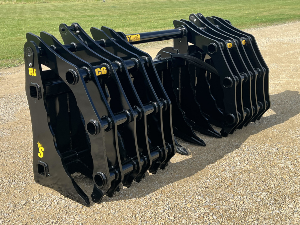Wide angled view of the Stinger Severe Duty Wheel Loader Clam Grapple showing the dual grapple design and reinforced tine structure