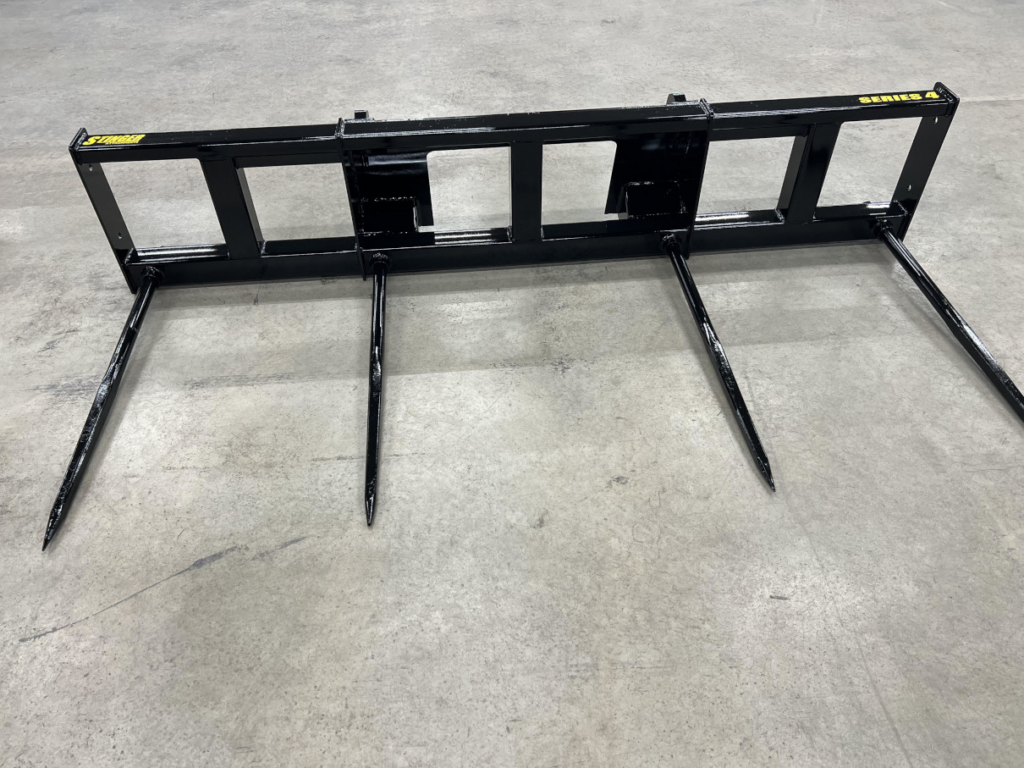 Front view of the Stinger Wheel Loader Double Round Bale Spear showing the four-spear layout and 100-inch outer tine spacing