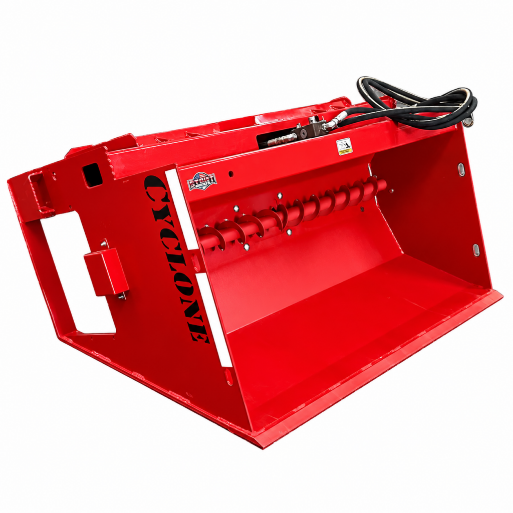 Front left angled view of the Stout Cyclone skid steer material spreader showing the hopper, auger, and hydraulic hoses