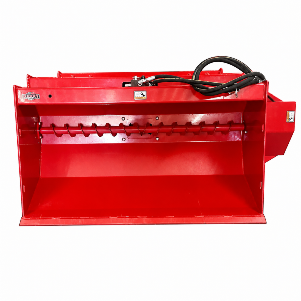 Stout Cyclone skid steer material spreader front view showing the spreading auger, hopper, and 60-inch cutting edge