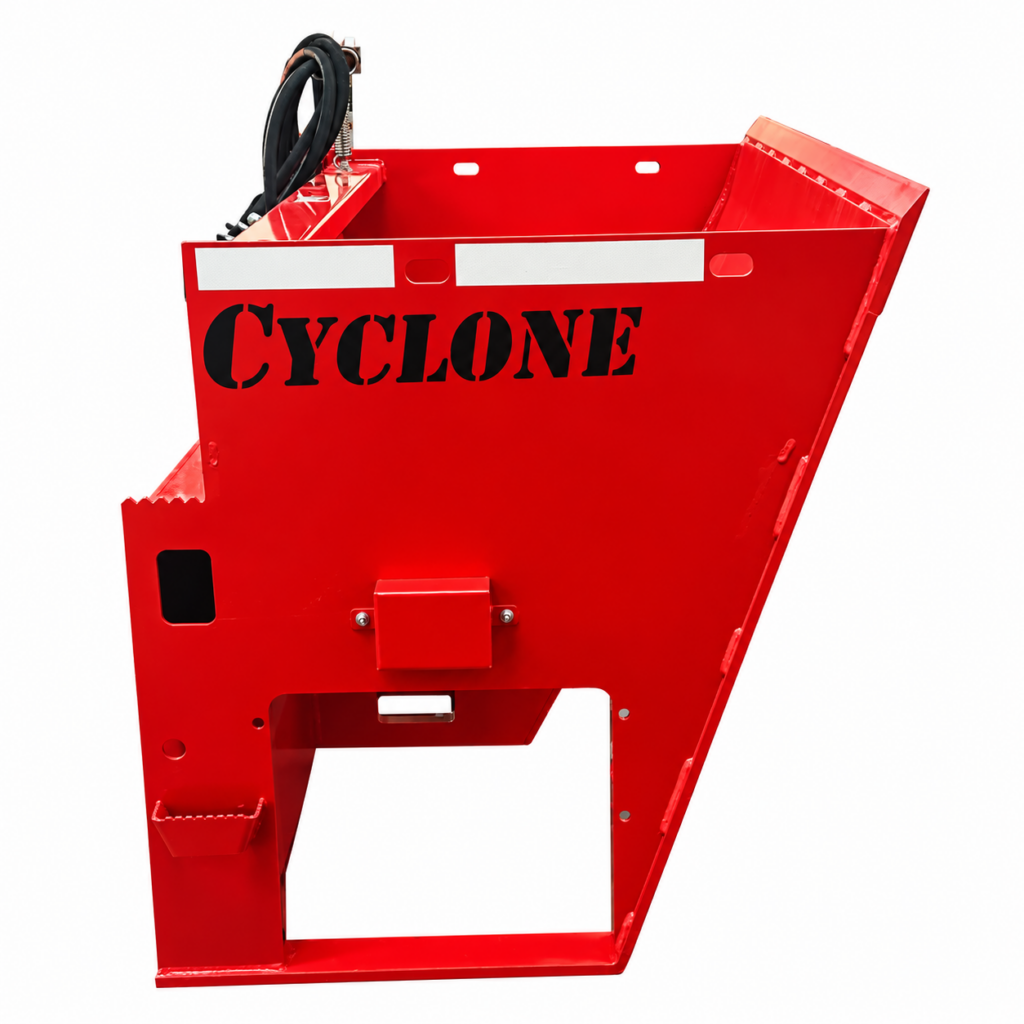 Left side view of the Stout Cyclone skid steer material spreader showing the hopper profile and Cyclone branding