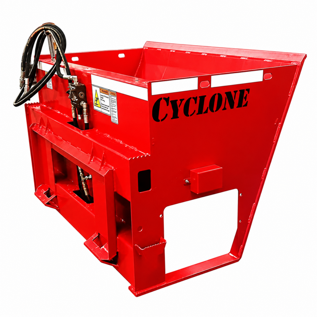 Rear left angled view of the Stout Cyclone skid steer material spreader showing the universal skid steer mount, hydraulic hoses, and hopper