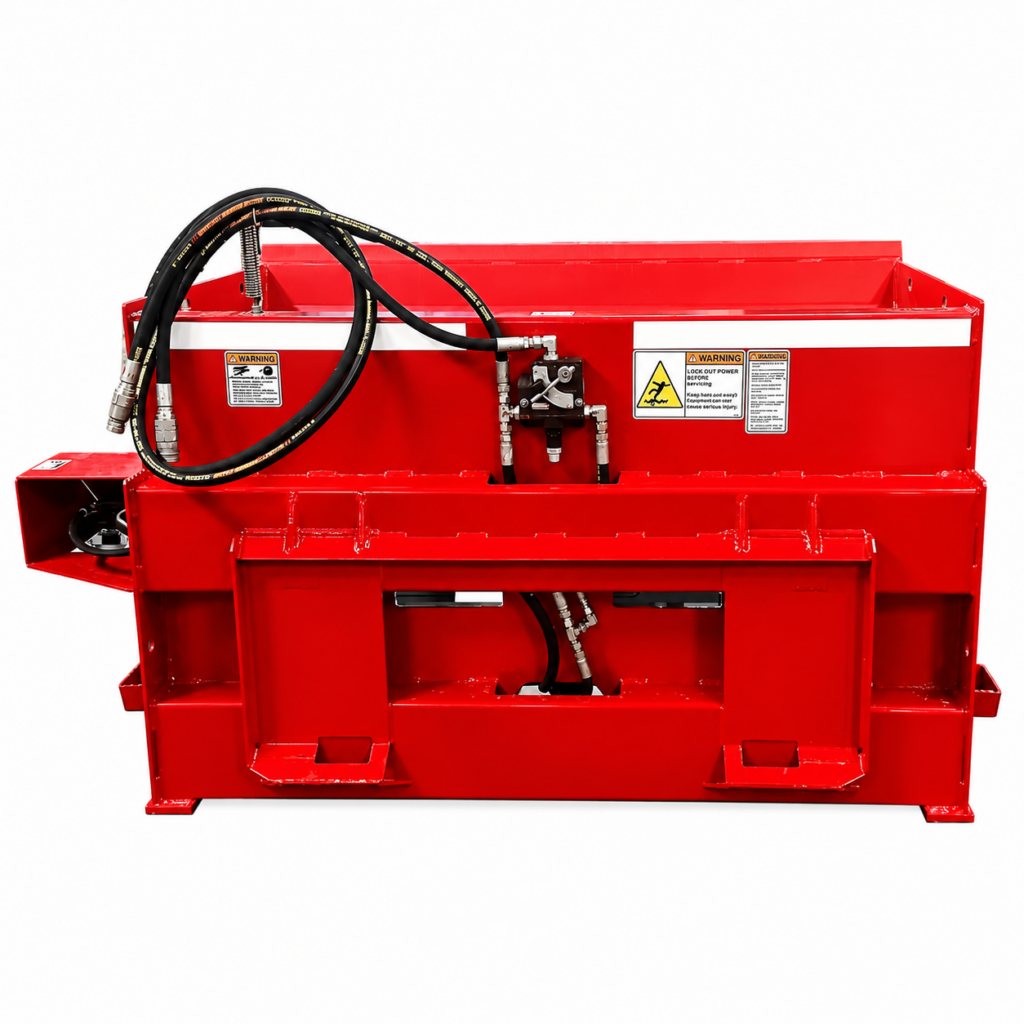 Rear view of the Stout Cyclone skid steer material spreader showing the universal quick attach mounting plate and hydraulic connections