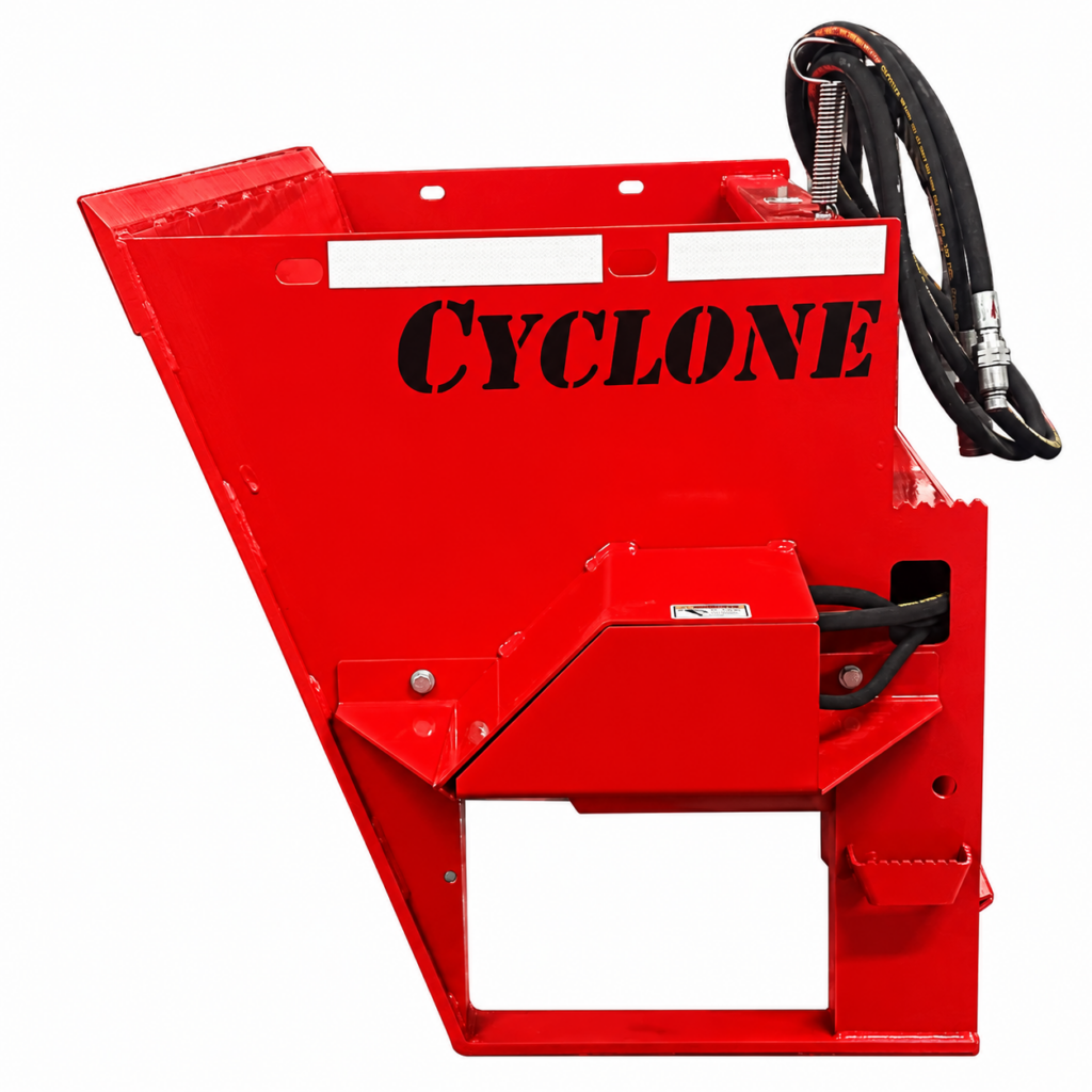 Right side view of the Stout Cyclone skid steer material spreader showing the spreader drive housing and Cyclone hopper