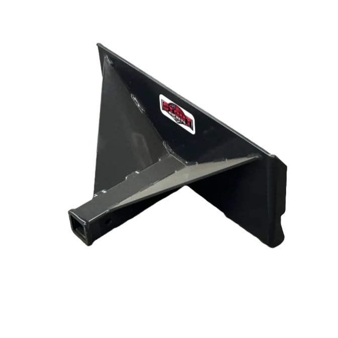 Rear left angled view of the Stout mini skid steer receiver hitch showing the gusseted frame and 2-inch receiver tube