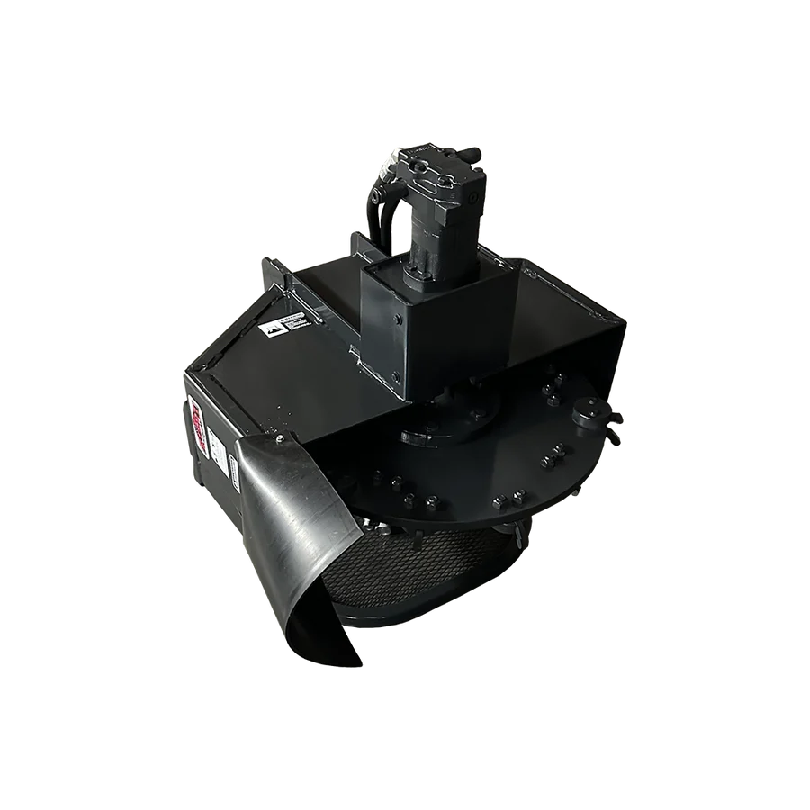 Front right angled view of the Stout mini skid steer stump grinder showing the cutting wheel, hydraulic motor, and discharge guard