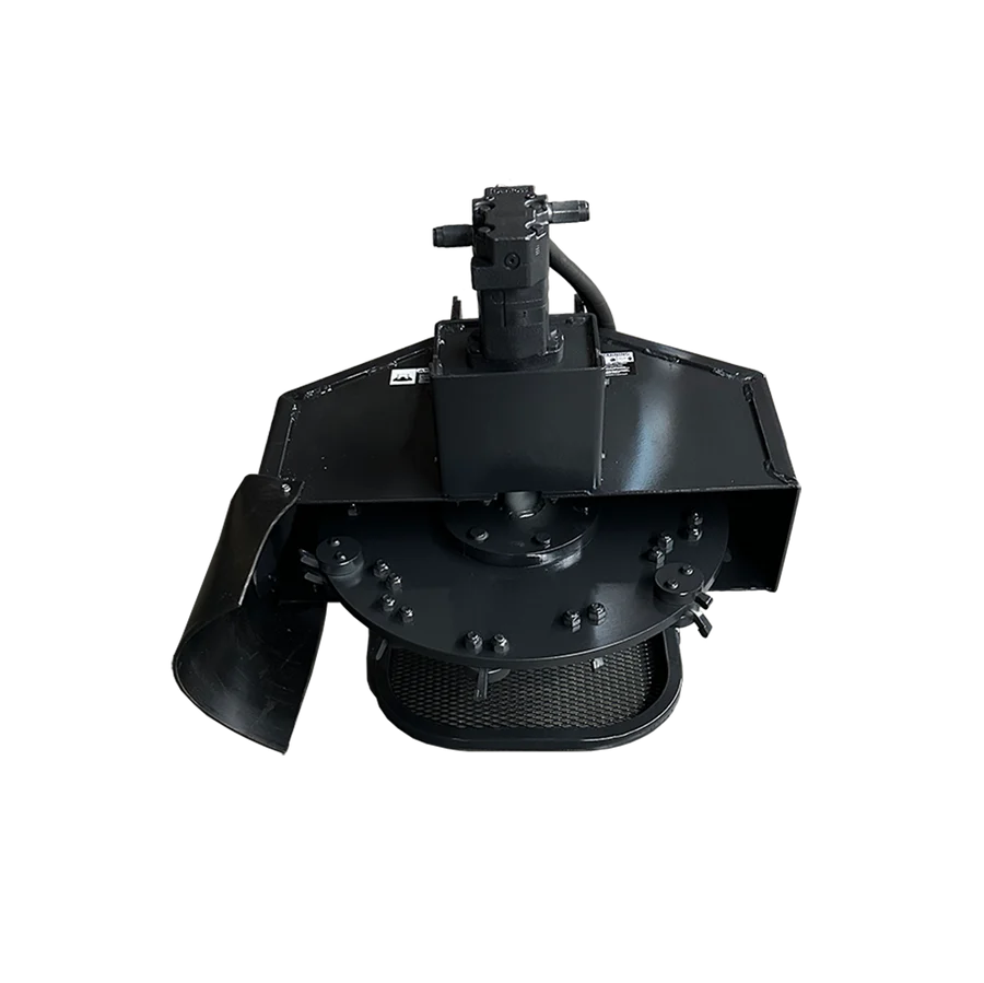 Front view of the Stout mini skid steer stump grinder showing the 26-inch cutting wheel, carbide teeth, and protective mesh