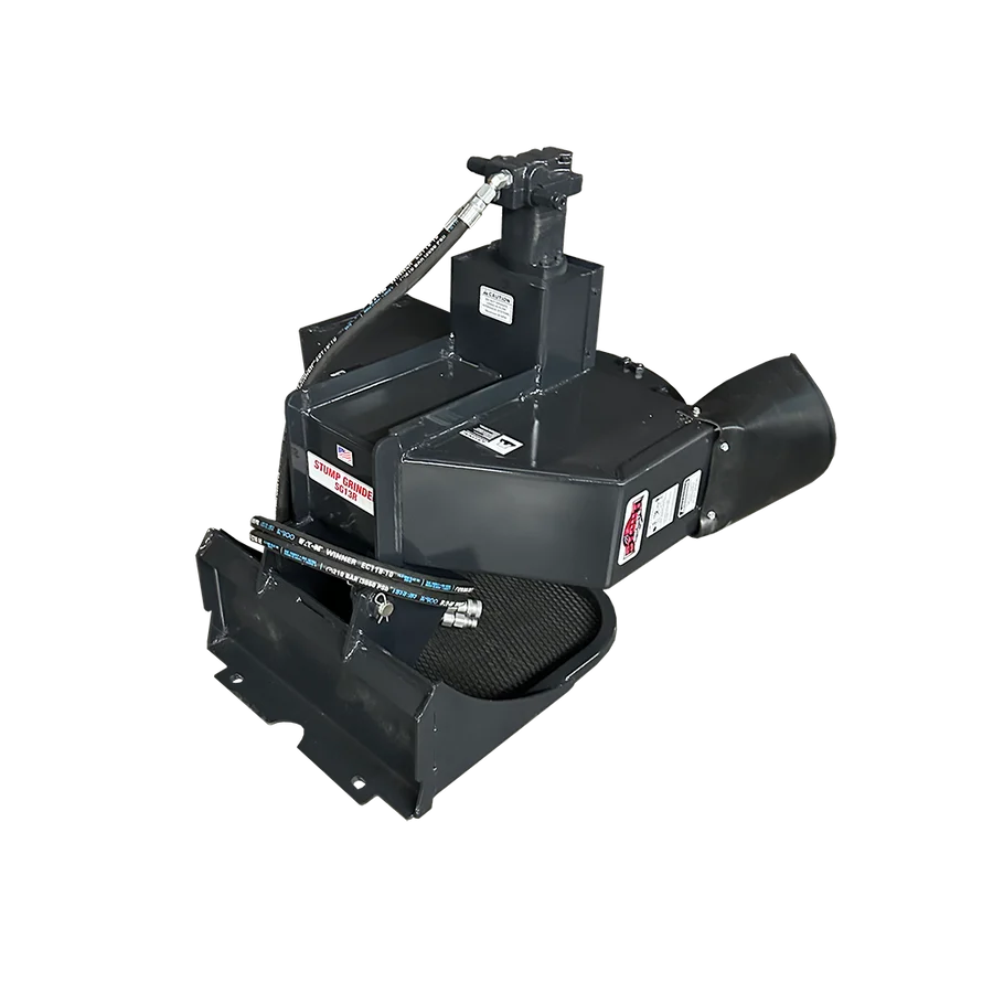 Rear left angled view of the Stout mini skid steer stump grinder showing the Toro Dingo-style mounting plate, hydraulic hoses, and protective mesh