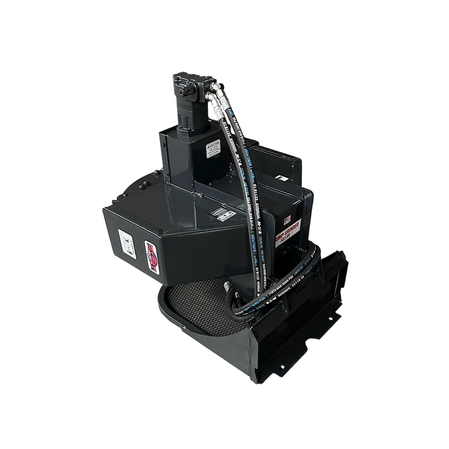 Rear right angled view of the Stout mini skid steer stump grinder showing the mount, hydraulic hoses, cutting wheel housing, and protective mesh