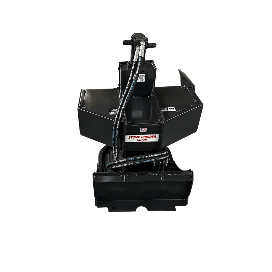 Rear view of the Stout mini skid steer stump grinder showing the Toro Dingo-style hitch plate and hydraulic hose routing