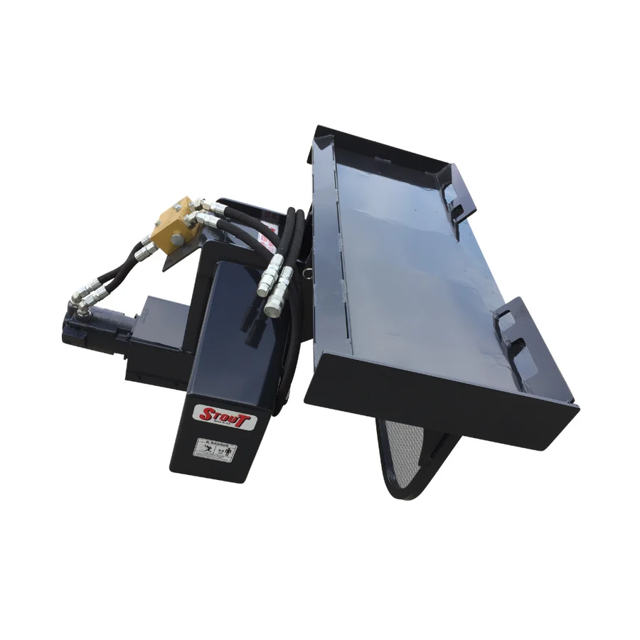 Stout skid steer stump grinder high-flow model shown from the front right angle with hydraulic hoses and skid steer mounting frame
