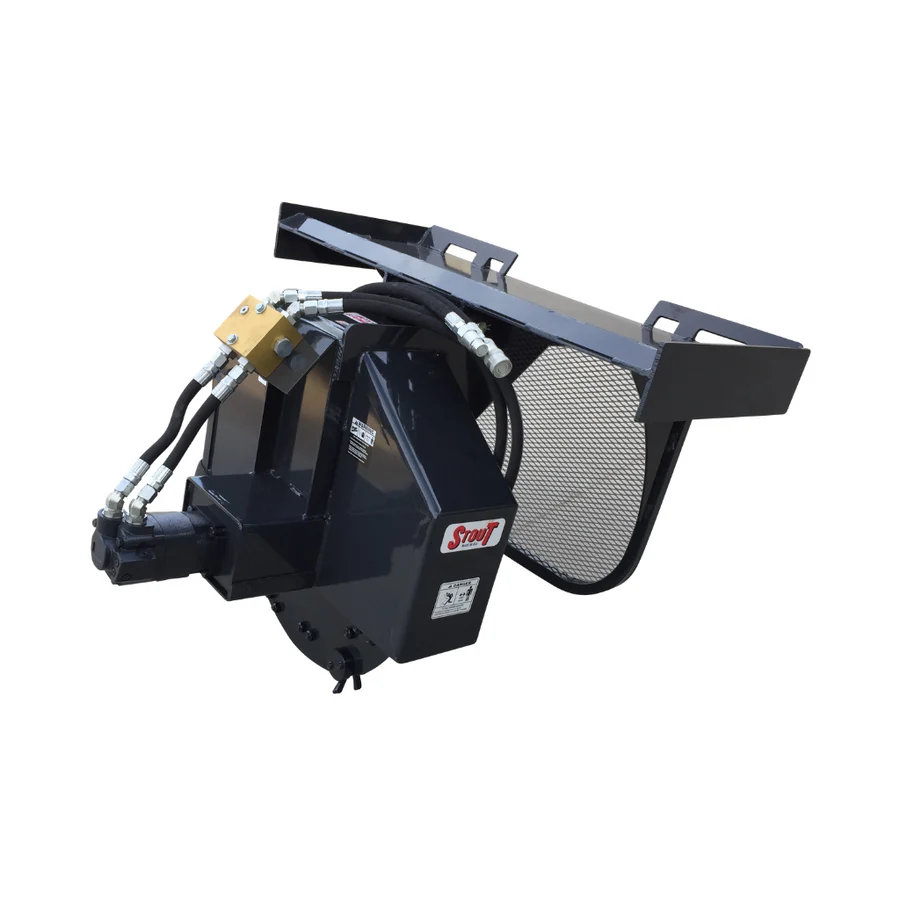 Rear angled view of the Stout skid steer stump grinder high-flow model showing the cutting wheel guard, hydraulic motor, and protective mesh