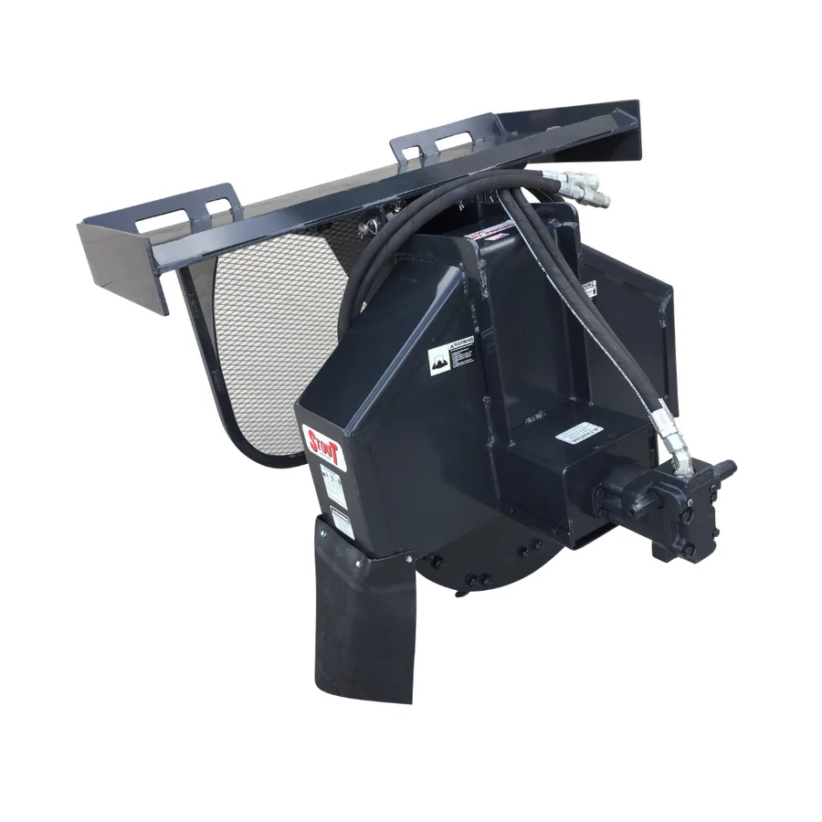 Stout skid steer stump grinder standard-flow model shown from the front left angle with hydraulic hoses and cutting wheel guard
