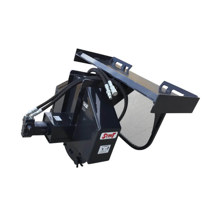 Stout skid steer stump grinder high-flow model shown from the front right angle with hydraulic hoses and skid steer mounting frame
