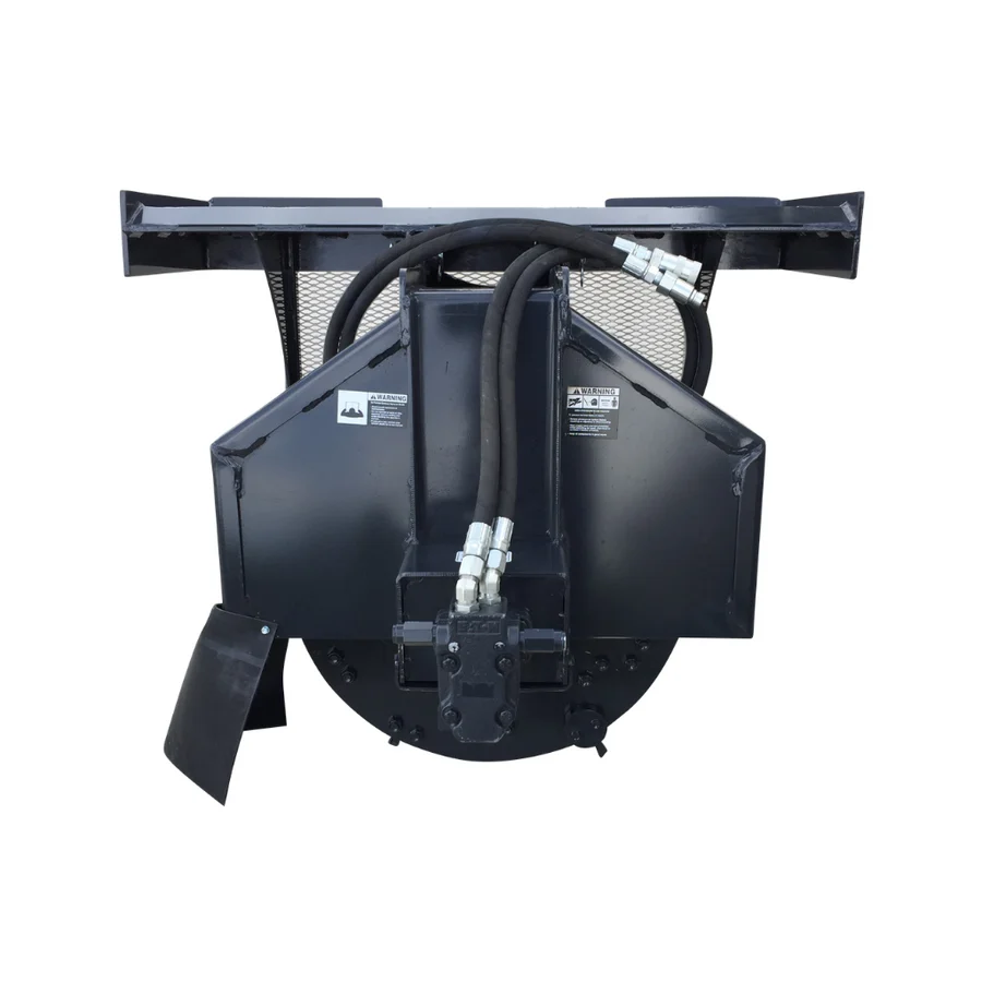 Left angled view of the Stout skid steer stump grinder standard-flow model showing the hydraulic motor, hoses, cutting wheel guard, and protective mesh