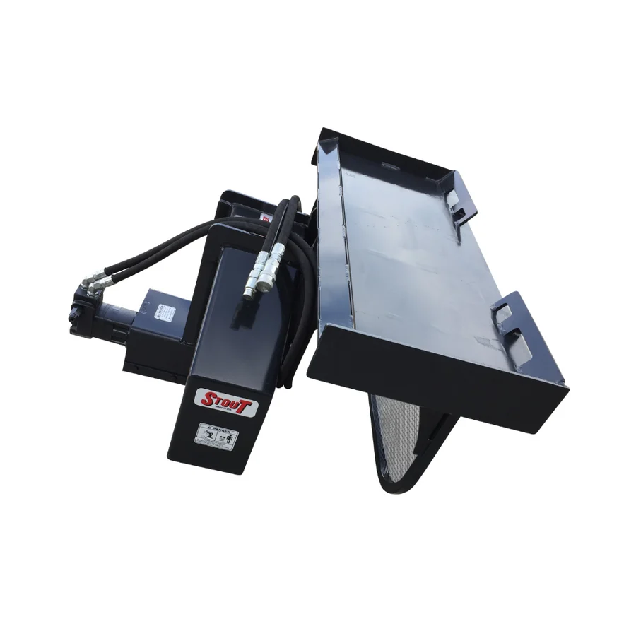 Mount-side view of the Stout skid steer stump grinder standard-flow model showing the quick attach frame and protective mesh