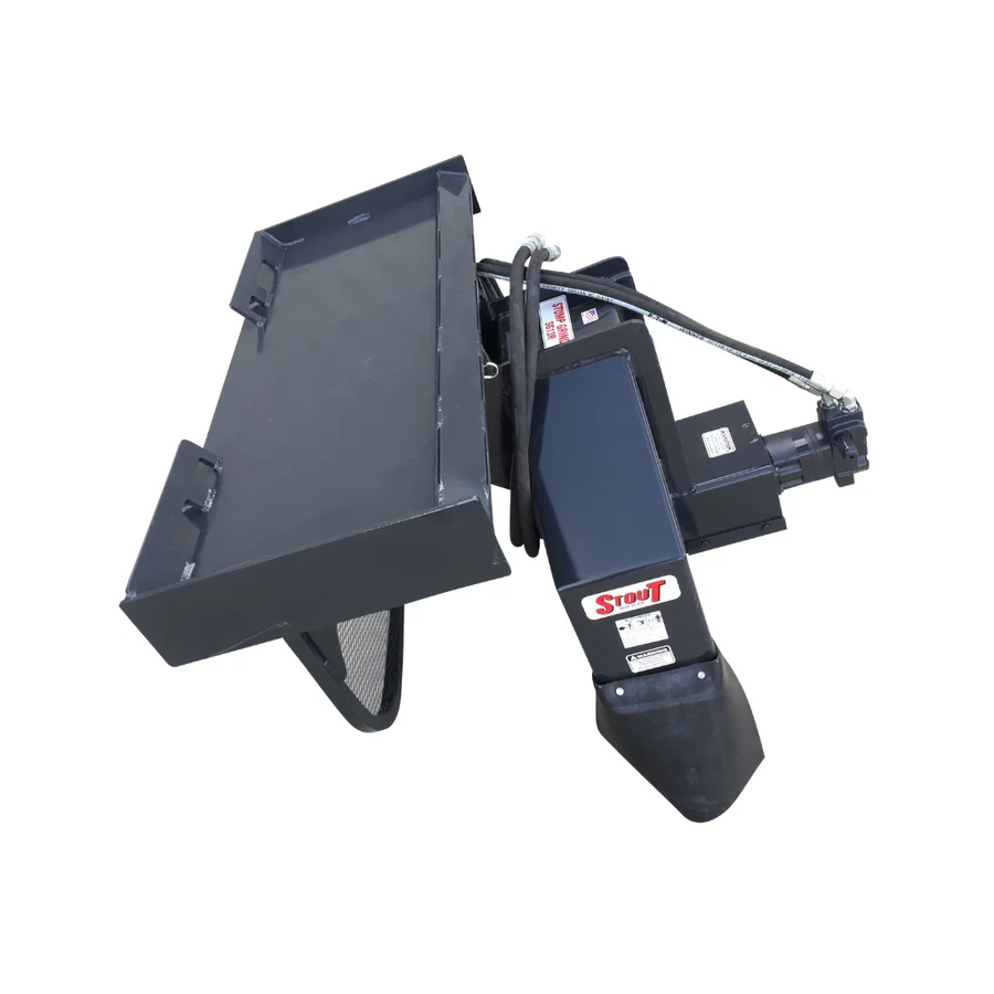 Rear right angled view of the Stout skid steer stump grinder standard-flow model showing the hydraulic motor, hoses, and protective mesh