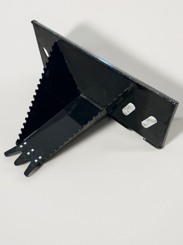 Angled studio view of the black SWAT Metal Works Light Duty Stump Buster showing the 24-inch snout, serrated side edges, and replaceable cutting edge.
