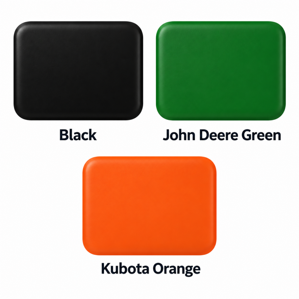 SWAT Metal Works color options showing Black, John Deere Green, and Kubota Orange finishes.