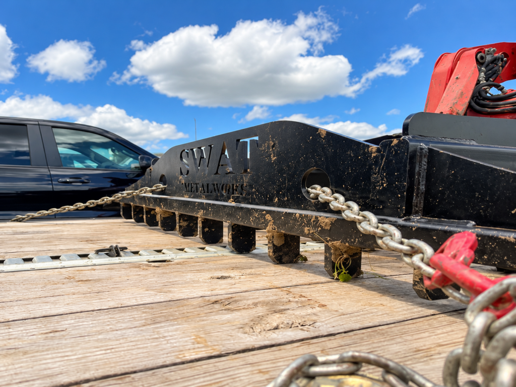 SWAT Metal Works Skid Steer Land Rake secured for transport showing integrated tie-down points