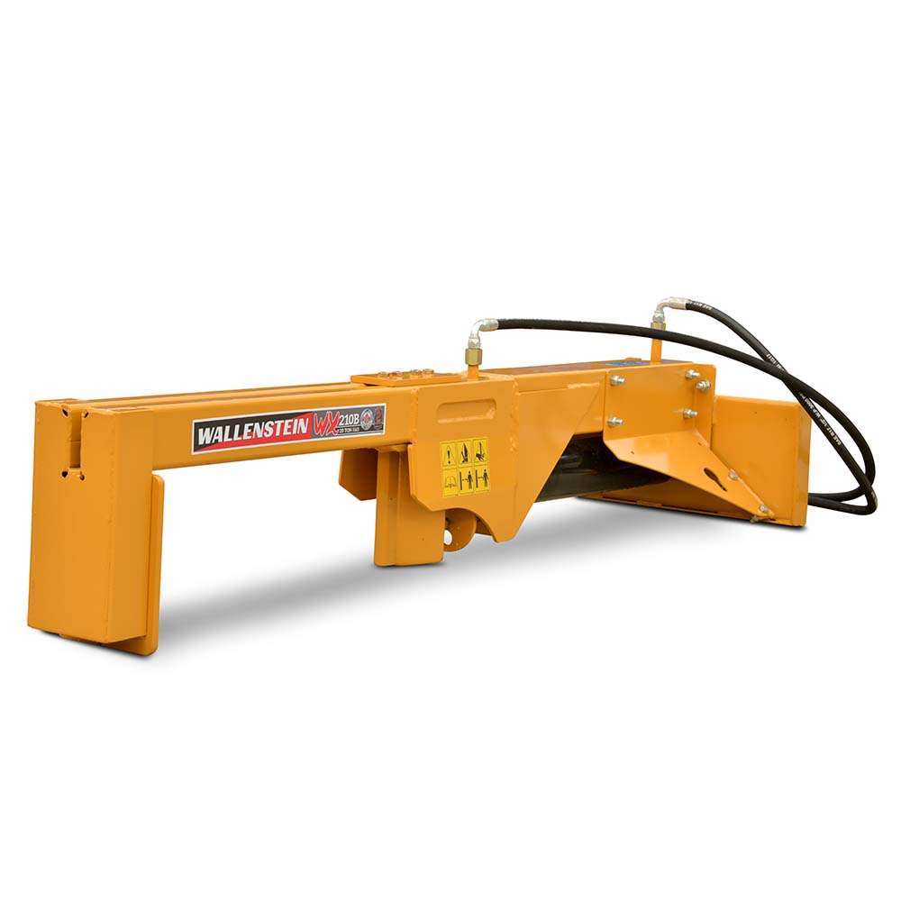 Wallenstein WX210B 20-ton mini skid steer log splitter with Bobcat mounting plate and hydraulic hoses.