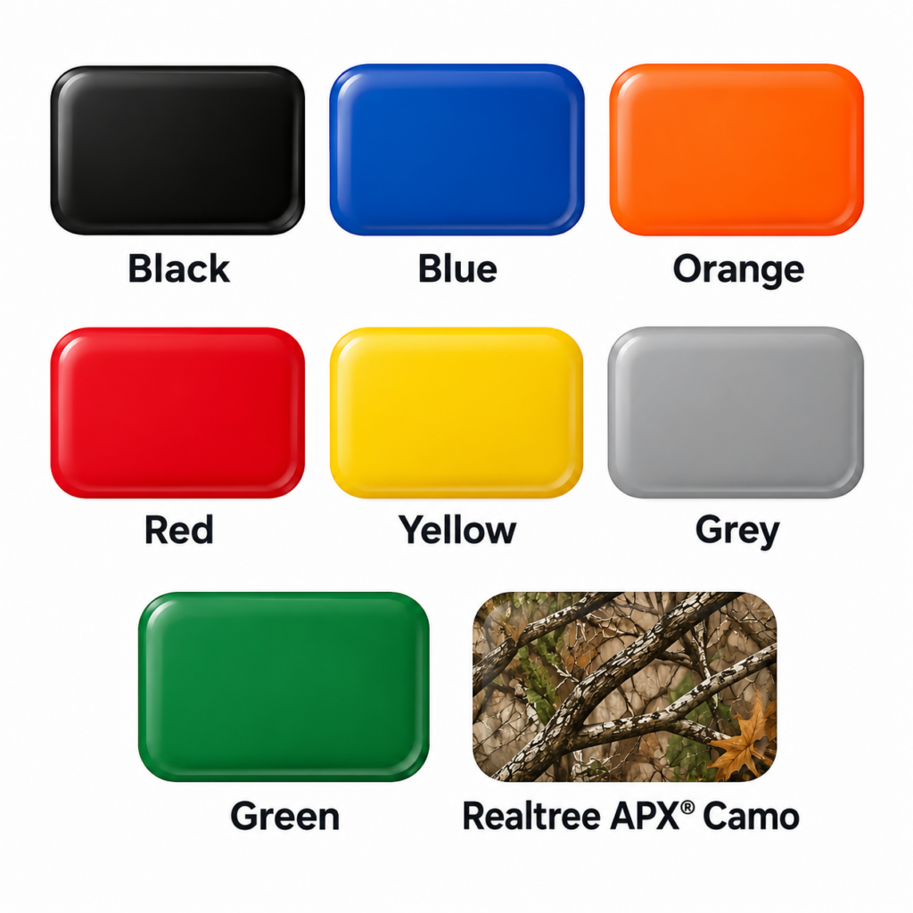 Wallenstein equipment color options showing Black, Blue, Orange, Red, Yellow, Grey, Green, and Realtree APX Camo.